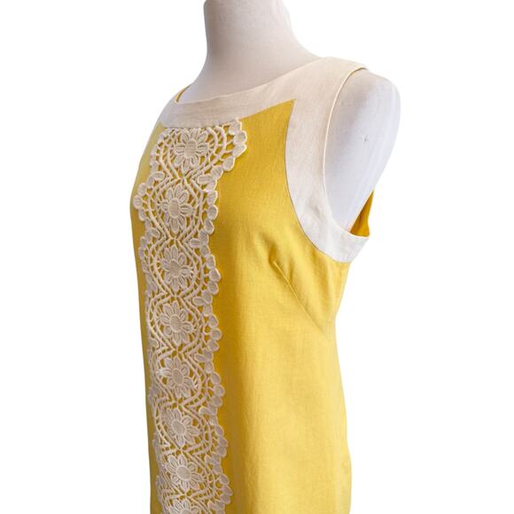 Jessica J Howard Sleeveless Linen Yellow White Shift Dress 12 Wide Lace Preppy - Picture 10 of 13
